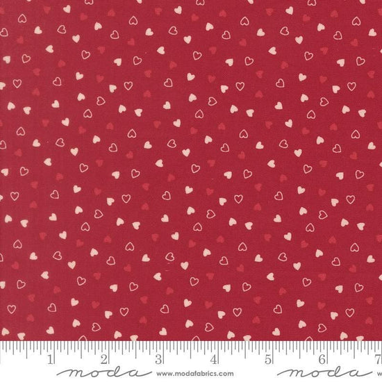 Image of Je Taime Sweetness Scarlet quilting cotton fabric by Stacy Iest Hsu for Moda Fabrics. Features hearts on a red background. Cute Little Fabric Shop.
