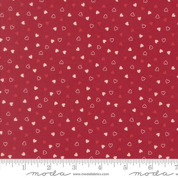 Image of Je Taime Sweetness Scarlet quilting cotton fabric by Stacy Iest Hsu for Moda Fabrics. Features hearts on a red background. Cute Little Fabric Shop.