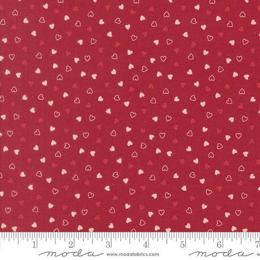Image of Je Taime Sweetness Scarlet quilting cotton fabric by Stacy Iest Hsu for Moda Fabrics. Features hearts on a red background. Cute Little Fabric Shop.
