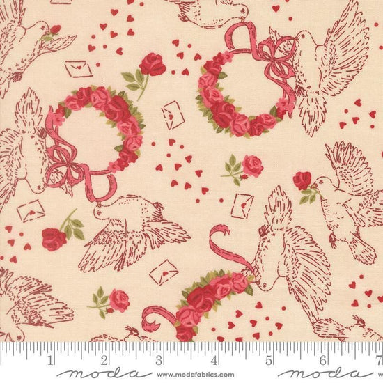 Image of Je Taime Doves Lace quilting cotton fabric by Stacy Iest Hsu for Moda Fabrics. Features birds on a cream background. Cute Little Fabric Shop.