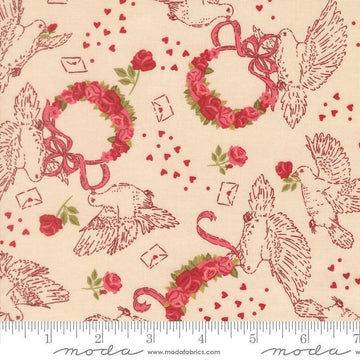 Image of Je Taime Doves Lace quilting cotton fabric by Stacy Iest Hsu for Moda Fabrics. Features birds on a cream background. Cute Little Fabric Shop.