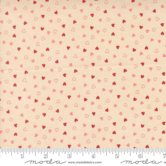 Image of Je Taime Sweetness Lace quilting cotton fabric by Stacy Iest Hsu for Moda Fabrics. Features hearts on a cream background. Cute Little Fabric Shop.