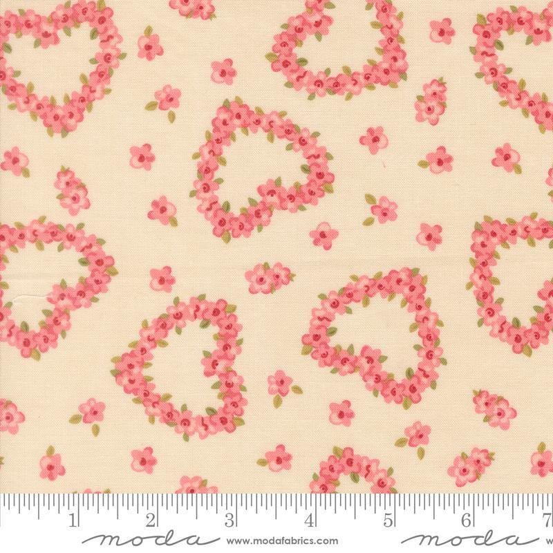 Image of Je Taime Flower Heart Lace quilting cotton fabric by Stacy Iest Hsu for Moda Fabrics. Features flowers on a cream background. Cute Little Fabric Shop.