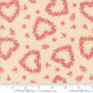Image of Je Taime Flower Heart Lace quilting cotton fabric by Stacy Iest Hsu for Moda Fabrics. Features flowers on a cream background. Cute Little Fabric Shop.