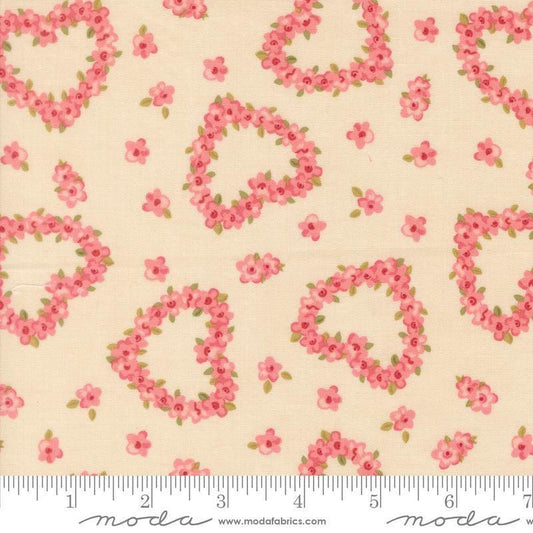 Image of Je Taime Flower Heart Lace quilting cotton fabric by Stacy Iest Hsu for Moda Fabrics. Features flowers on a cream background. Cute Little Fabric Shop.