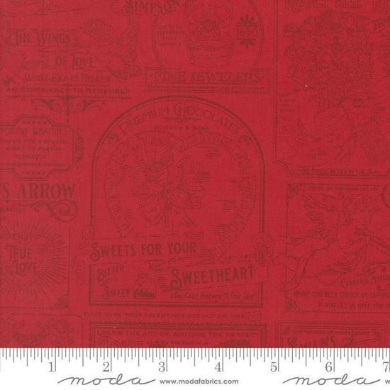 Image of Je Taime Vintage Valentine Rose quilting cotton fabric by Stacy Iest Hsu for Moda Fabrics. Features vintage ads on a red background. Cute Little Fabric Shop.