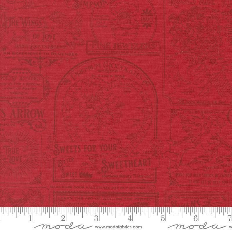 Image of Je Taime Vintage Valentine Rose quilting cotton fabric by Stacy Iest Hsu for Moda Fabrics. Features vintage ads on a red background. Cute Little Fabric Shop.