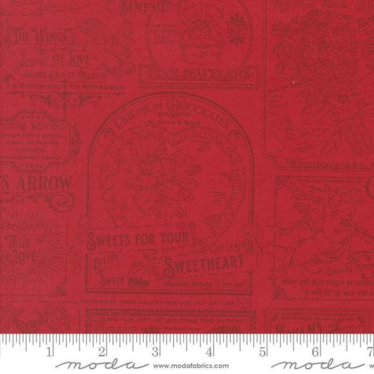 Image of Je Taime Vintage Valentine Rose quilting cotton fabric by Stacy Iest Hsu for Moda Fabrics. Features vintage ads on a red background. Cute Little Fabric Shop.