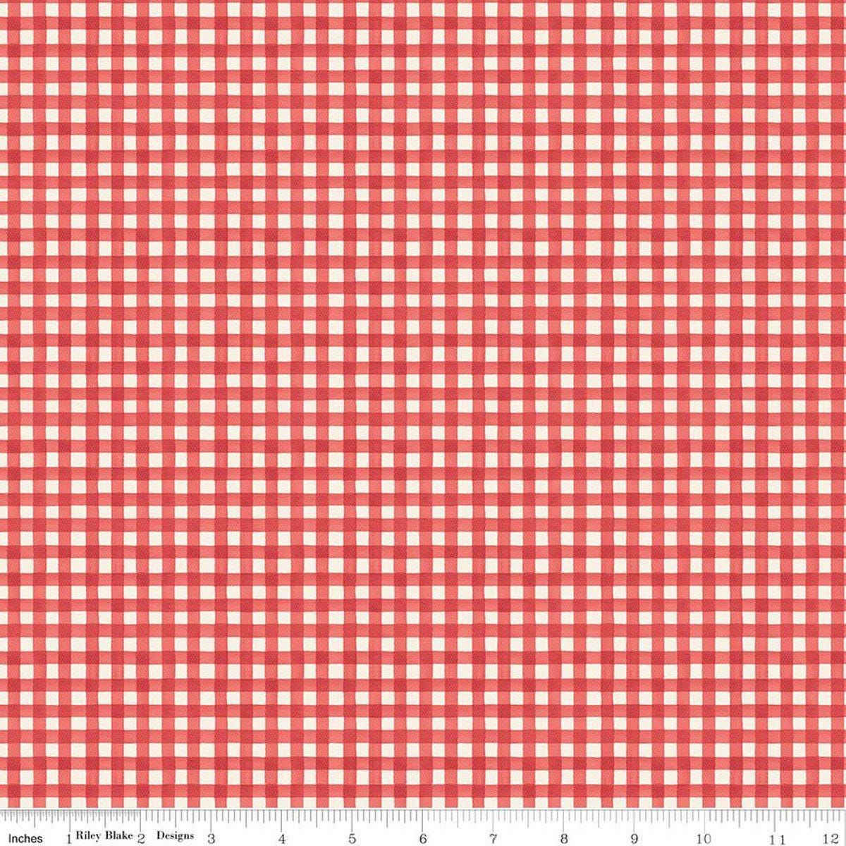 Image of Cath Kidston Signature Collection Gingham Red by Cath Kidston for Riley Blake Designs. Features gingham on a red background. Cute Little Fabric Shop.