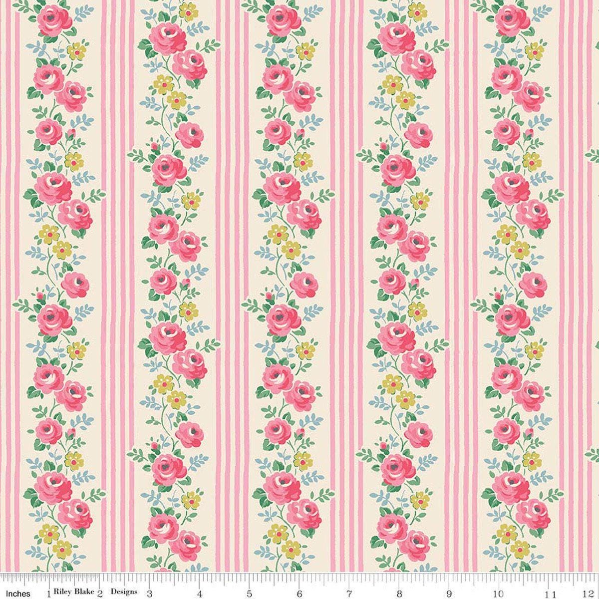 Image of Cath Kidston Signature Collection Stripe Pink by Cath Kidston for Riley Blake Designs. Features flowers and stripes on a pink background. Cute Little Fabric Shop.