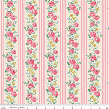 Image of Cath Kidston Signature Collection Stripe Pink by Cath Kidston for Riley Blake Designs. Features flowers and stripes on a pink background. Cute Little Fabric Shop.