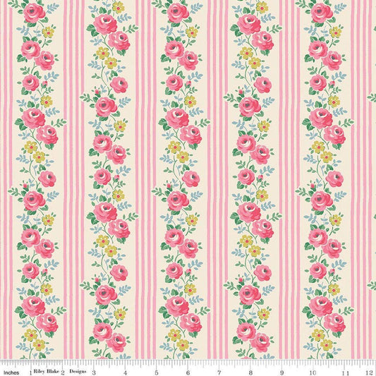 Image of Cath Kidston Signature Collection Stripe Pink by Cath Kidston for Riley Blake Designs. Features flowers and stripes on a pink background. Cute Little Fabric Shop.