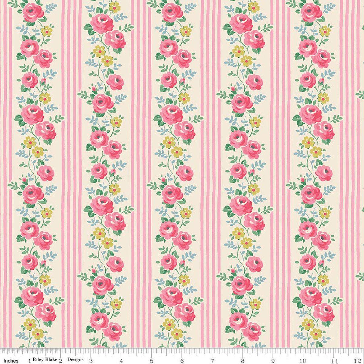 Image of Cath Kidston Signature Collection Stripe Pink by Cath Kidston for Riley Blake Designs. Features flowers and stripes on a pink background. Cute Little Fabric Shop.