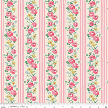Image of Cath Kidston Signature Collection Stripe Pink by Cath Kidston for Riley Blake Designs. Features flowers and stripes on a pink background. Cute Little Fabric Shop.