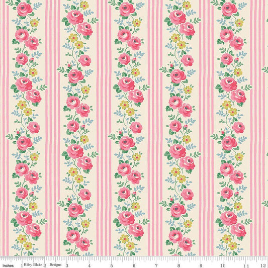 Image of Cath Kidston Signature Collection Stripe Pink by Cath Kidston for Riley Blake Designs. Features flowers and stripes on a pink background. Cute Little Fabric Shop.
