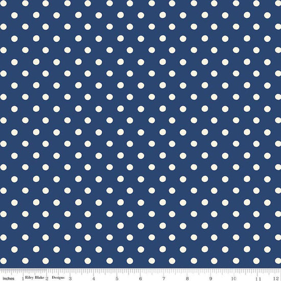 Image of Cath Kidston Signature Collection Button Spot Navy by Cath Kidston for Riley Blake Designs. Features polka dots on a blue background. Cute Little Fabric Shop.