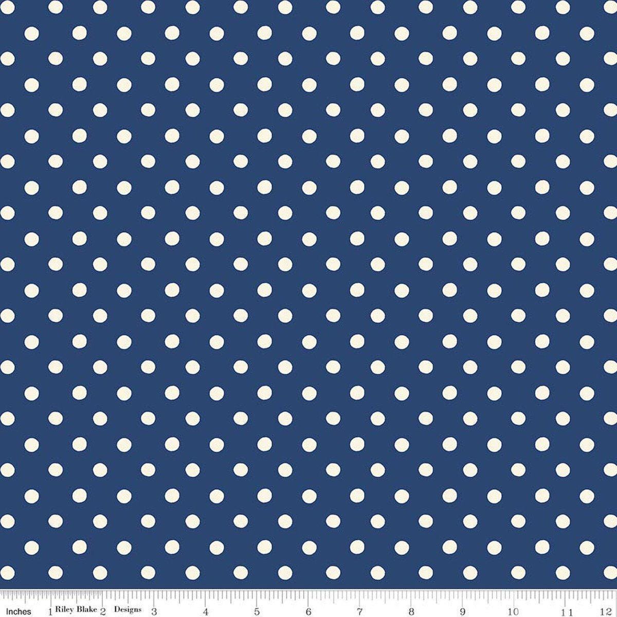 Image of Cath Kidston Signature Collection Button Spot Navy by Cath Kidston for Riley Blake Designs. Features polka dots on a blue background. Cute Little Fabric Shop.