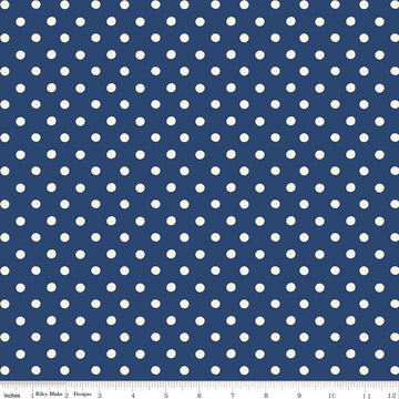 Image of Cath Kidston Signature Collection Button Spot Navy by Cath Kidston for Riley Blake Designs. Features polka dots on a blue background. Cute Little Fabric Shop.