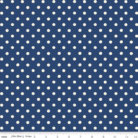 Image of Cath Kidston Signature Collection Button Spot Navy by Cath Kidston for Riley Blake Designs. Features polka dots on a blue background. Cute Little Fabric Shop.