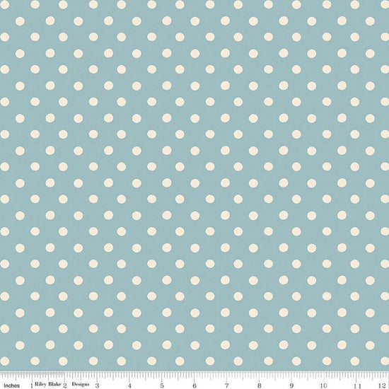 Image of Cath Kidston Signature Collection Button Spot Blue by Cath Kidston for Riley Blake Designs. Features polka dots on a blue background. Cute Little Fabric Shop.