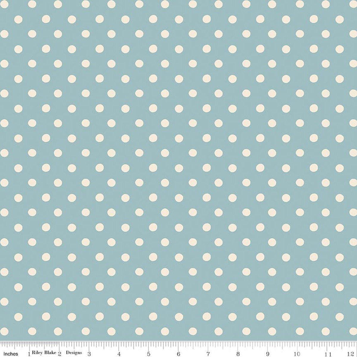 Image of Cath Kidston Signature Collection Button Spot Blue by Cath Kidston for Riley Blake Designs. Features polka dots on a blue background. Cute Little Fabric Shop.
