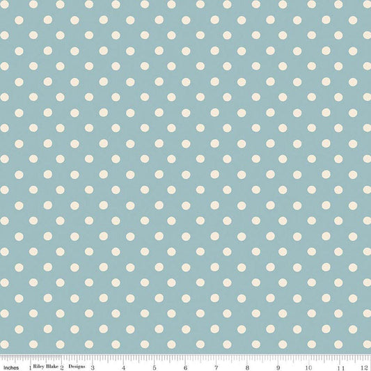 Image of Cath Kidston Signature Collection Button Spot Blue by Cath Kidston for Riley Blake Designs. Features polka dots on a blue background. Cute Little Fabric Shop.