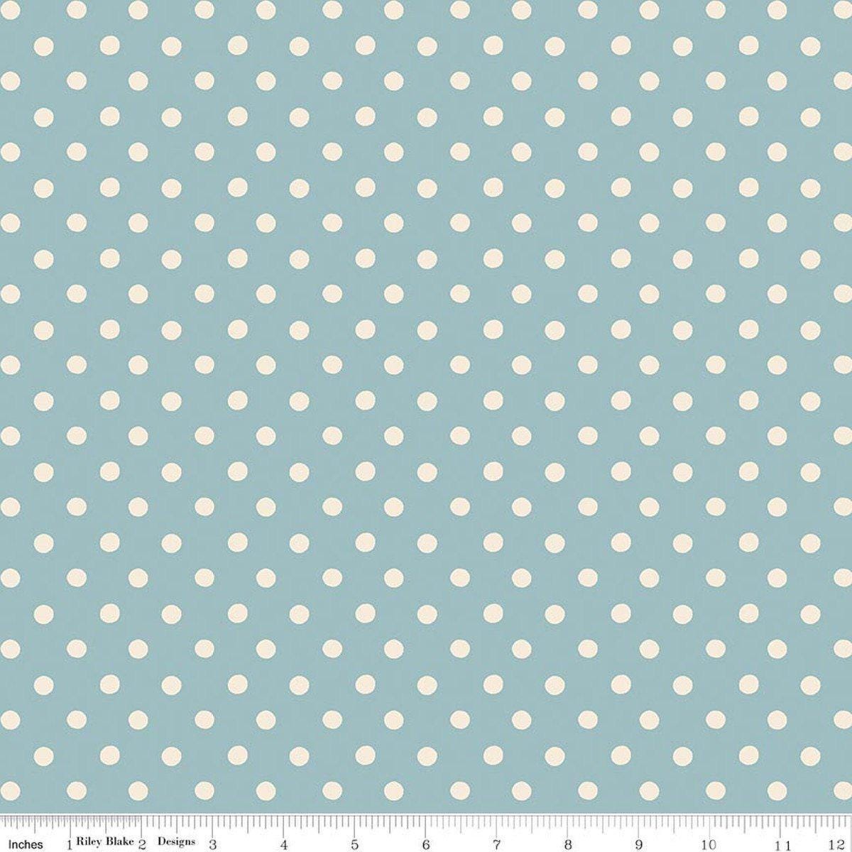 Image of Cath Kidston Signature Collection Button Spot Blue by Cath Kidston for Riley Blake Designs. Features polka dots on a blue background. Cute Little Fabric Shop.