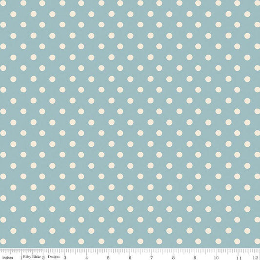 Image of Cath Kidston Signature Collection Button Spot Blue by Cath Kidston for Riley Blake Designs. Features polka dots on a blue background. Cute Little Fabric Shop.