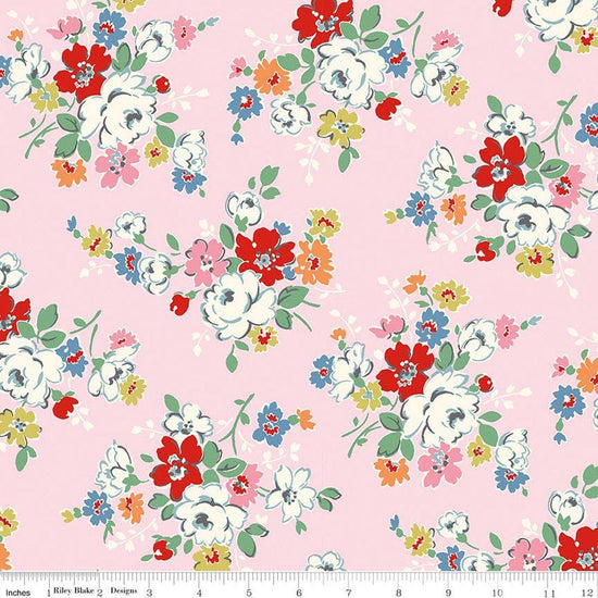 Image of Cath Kidston Signature Collection Clifton Rose Pink by Cath Kidston for Riley Blake Designs. Features flowers on a pink background. Cute Little Fabric Shop.
