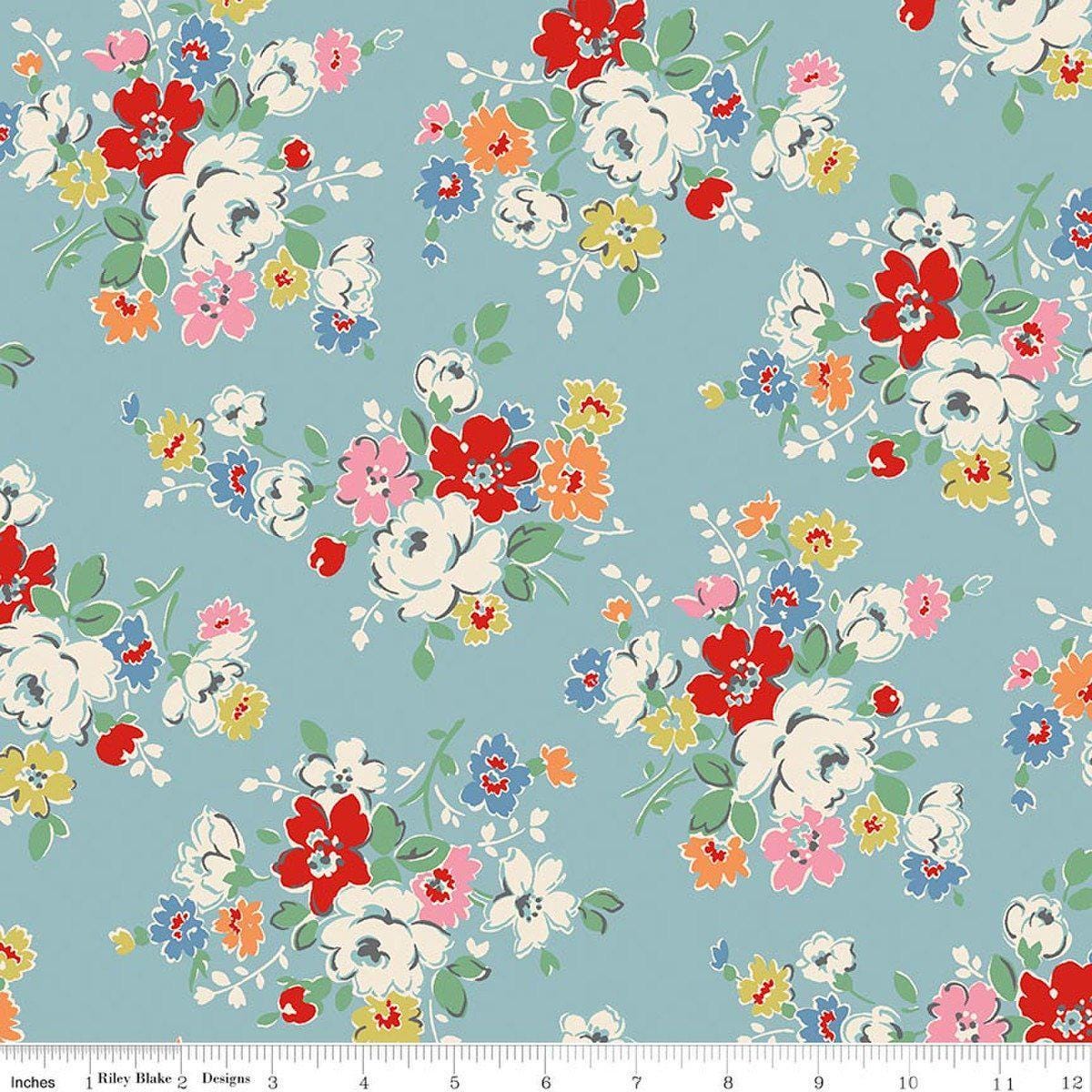 Image of Cath Kidston Signature Collection Clifton Rose Blue by Cath Kidston for Riley Blake Designs. Features flowers on a blue background. Cute Little Fabric Shop.