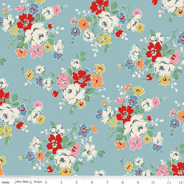 Image of Cath Kidston Signature Collection Clifton Rose Blue by Cath Kidston for Riley Blake Designs. Features flowers on a blue background. Cute Little Fabric Shop.