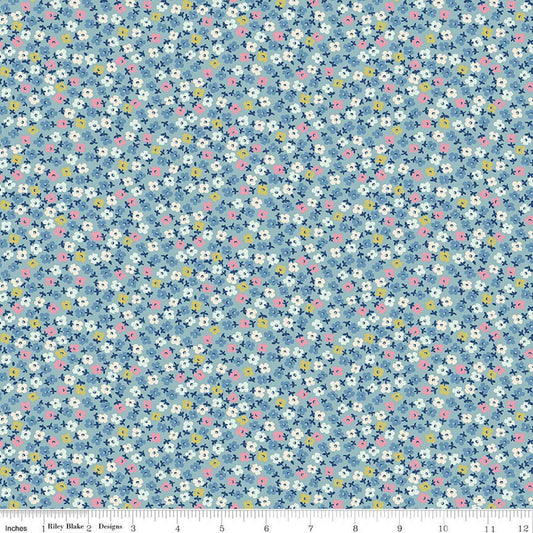 Image of Cath Kidston Signature Collection Teeny One Blue by Cath Kidston for Riley Blake Designs. Features flowers on a blue background. Cute Little Fabric Shop.
