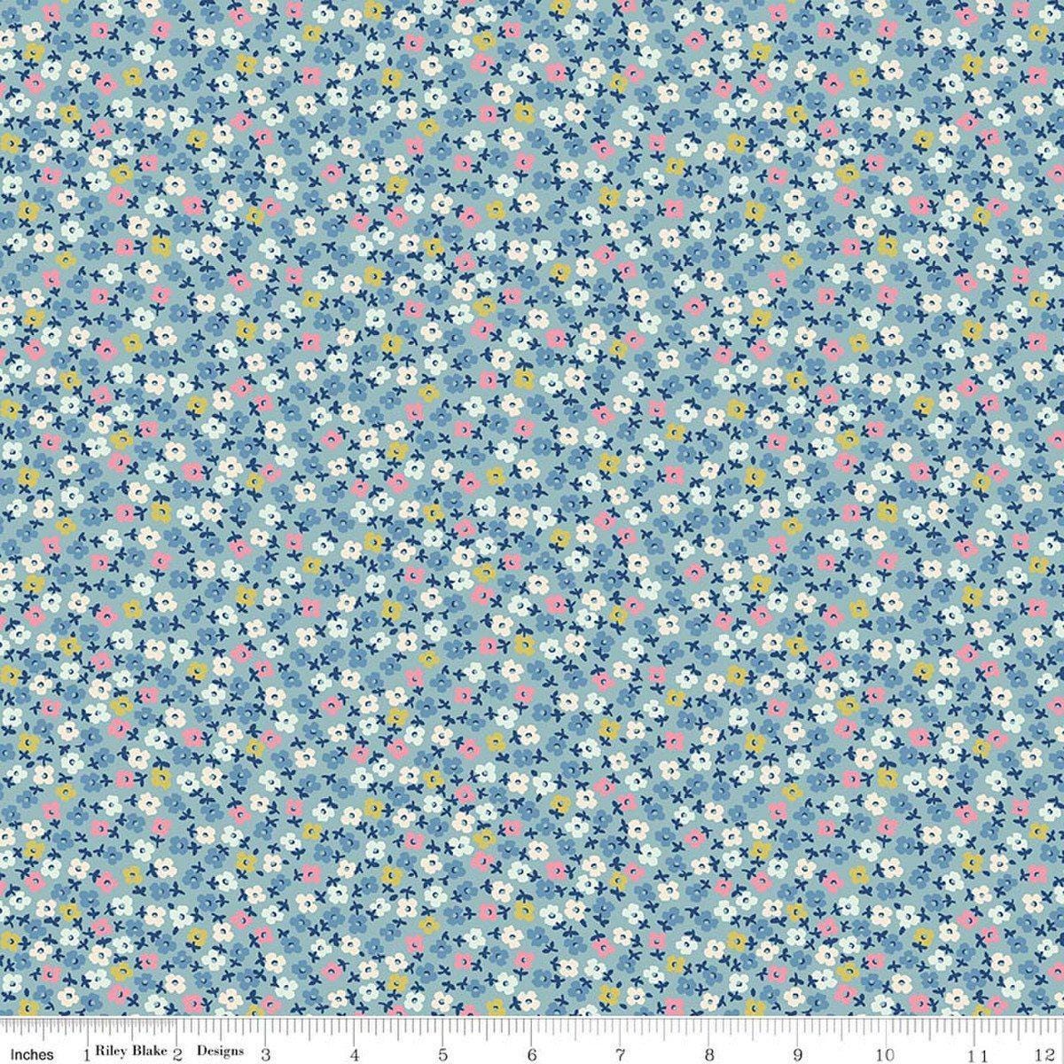 Image of Cath Kidston Signature Collection Teeny One Blue by Cath Kidston for Riley Blake Designs. Features flowers on a blue background. Cute Little Fabric Shop.