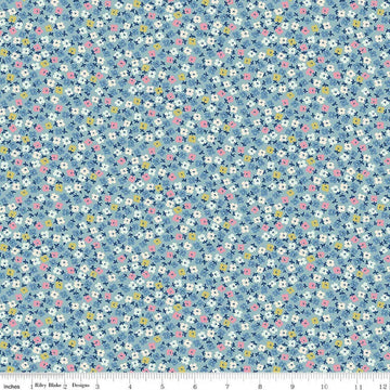 Image of Cath Kidston Signature Collection Teeny One Blue by Cath Kidston for Riley Blake Designs. Features flowers on a blue background. Cute Little Fabric Shop.