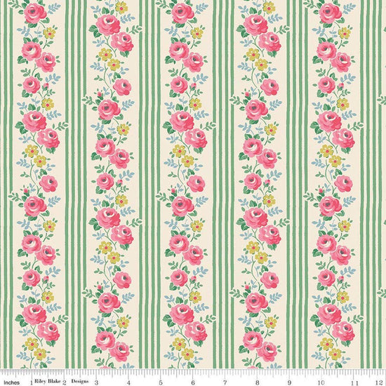 Image of Cath Kidston Signature Collection Stripe Green by Cath Kidston for Riley Blake Designs. Features flowers and stripes on a green background. Cute Little Fabric Shop.
