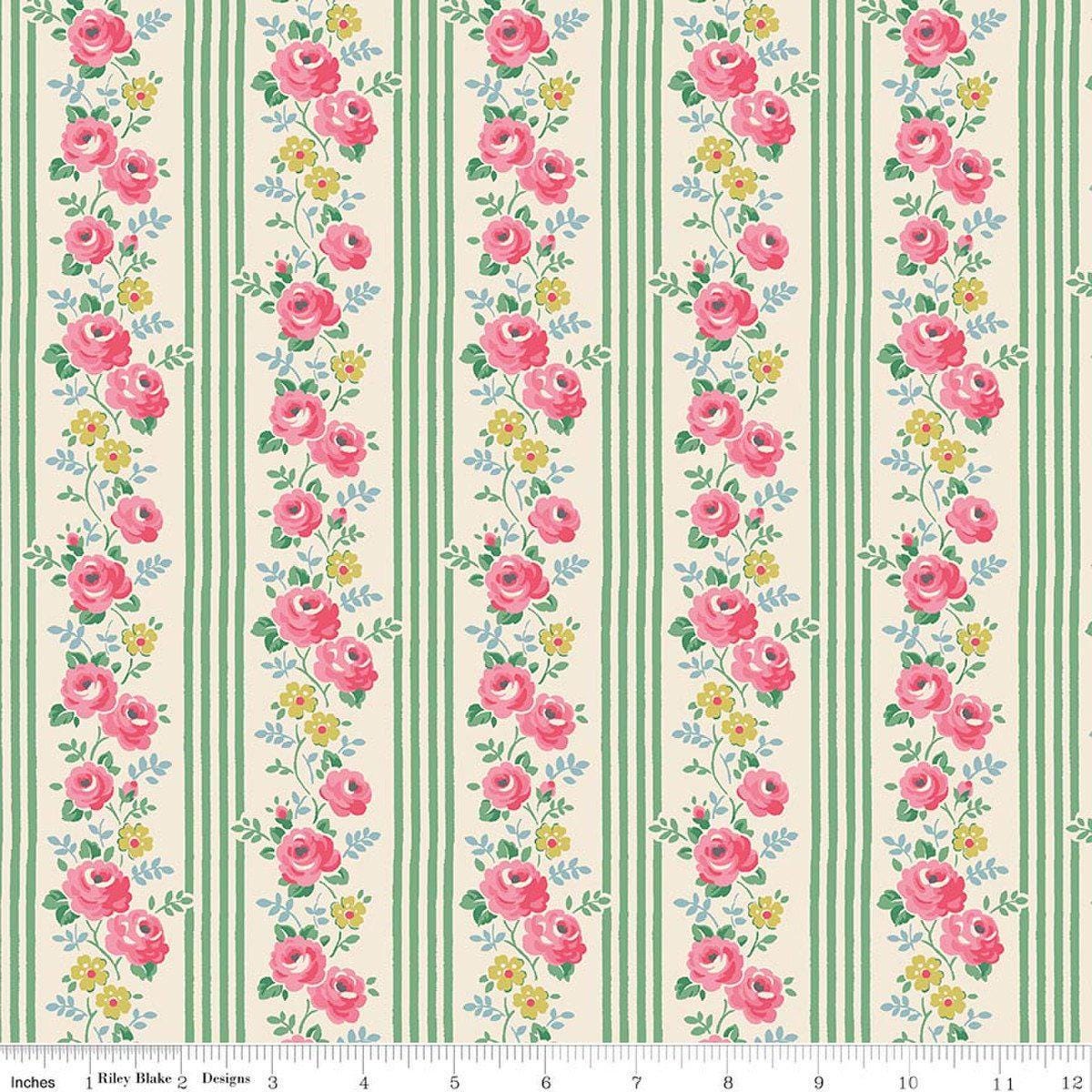 Image of Cath Kidston Signature Collection Stripe Green by Cath Kidston for Riley Blake Designs. Features flowers and stripes on a green background. Cute Little Fabric Shop.