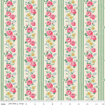 Image of Cath Kidston Signature Collection Stripe Green by Cath Kidston for Riley Blake Designs. Features flowers and stripes on a green background. Cute Little Fabric Shop.