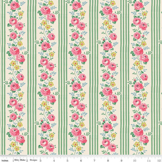 Image of Cath Kidston Signature Collection Stripe Green by Cath Kidston for Riley Blake Designs. Features flowers and stripes on a green background. Cute Little Fabric Shop.