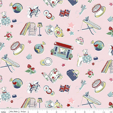 Image of Cath Kidston Signature Collection Icons Pink by Cath Kidston for Riley Blake Designs. Features british icons on a pink background. Cute Little Fabric Shop.