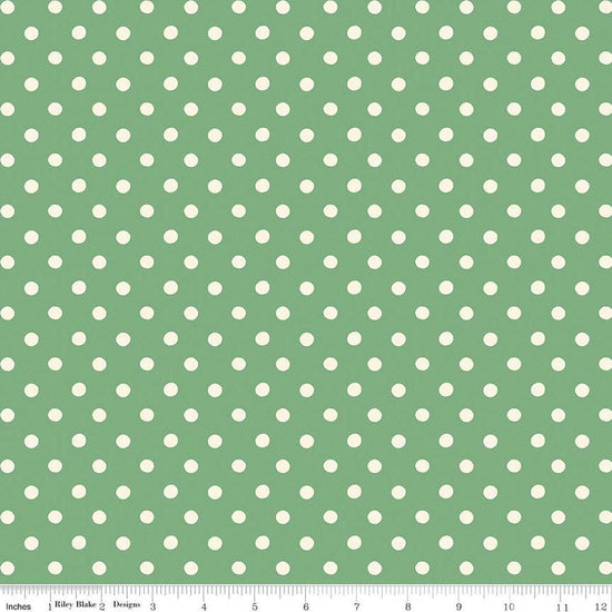 Image of Cath Kidston Signature Collection Button Spot Green by Cath Kidston for Riley Blake Designs. Features polka dots on a green background. Cute Little Fabric Shop.