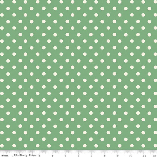 Image of Cath Kidston Signature Collection Button Spot Green by Cath Kidston for Riley Blake Designs. Features polka dots on a green background. Cute Little Fabric Shop.