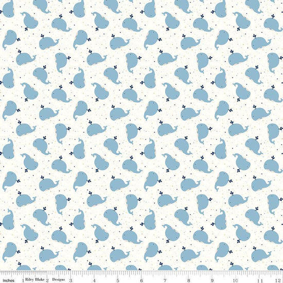 Image of Flannel Love You to the Moon Whales White flannel cotton fabric by Echo Park Paper Co for Riley Blake Designs. Features whales on a white background. Cute Little Fabric Shop.