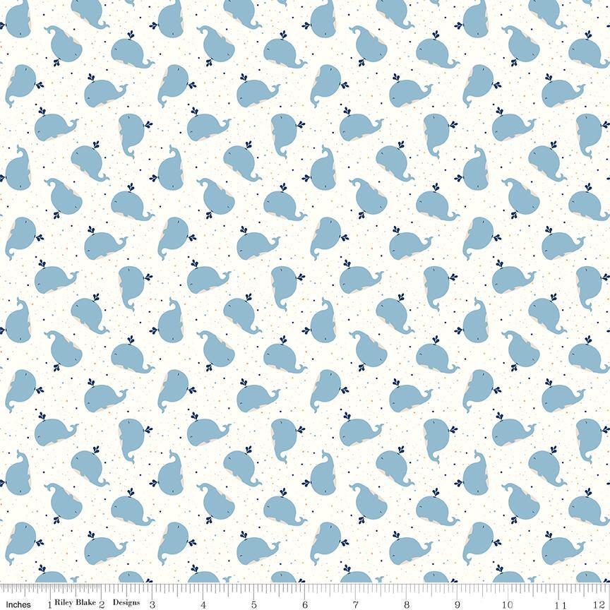 Image of Flannel Love You to the Moon Whales White flannel cotton fabric by Echo Park Paper Co for Riley Blake Designs. Features whales on a white background. Cute Little Fabric Shop.
