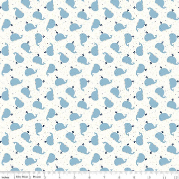 Image of Flannel Love You to the Moon Whales White flannel cotton fabric by Echo Park Paper Co for Riley Blake Designs. Features whales on a white background. Cute Little Fabric Shop.