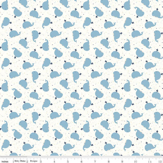 Image of Flannel Love You to the Moon Whales White flannel cotton fabric by Echo Park Paper Co for Riley Blake Designs. Features whales on a white background. Cute Little Fabric Shop.