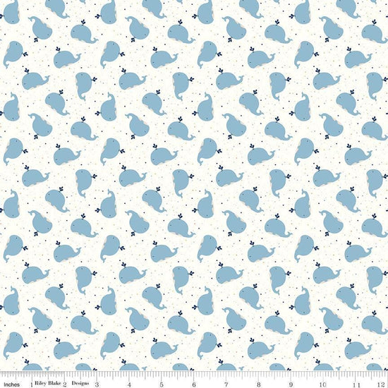 Image of Flannel Love You to the Moon Whales White flannel cotton fabric by Echo Park Paper Co for Riley Blake Designs. Features whales on a white background. Cute Little Fabric Shop.
