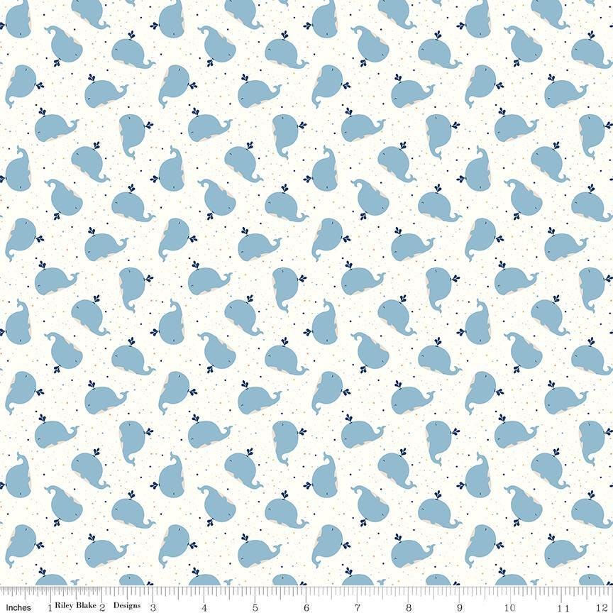 Image of Flannel Love You to the Moon Whales White flannel cotton fabric by Echo Park Paper Co for Riley Blake Designs. Features whales on a white background. Cute Little Fabric Shop.