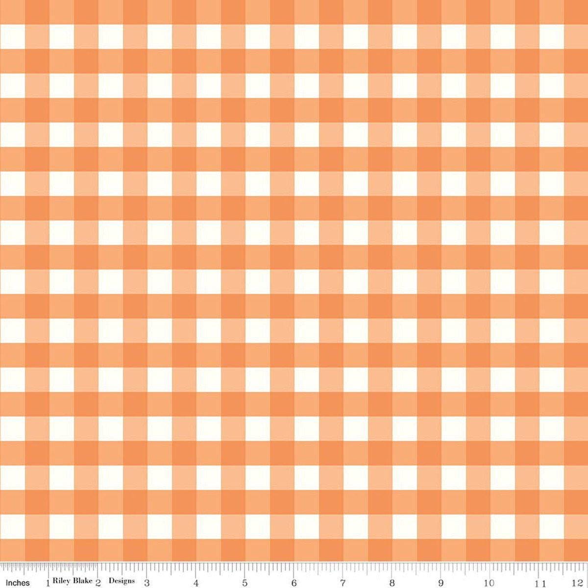 Image of Flannel Love You to the Moon Gingham Orange flannel cotton fabric by Echo Park Paper Co for Riley Blake Designs. Features gingham on an orange background. Cute Little Fabric Shop.