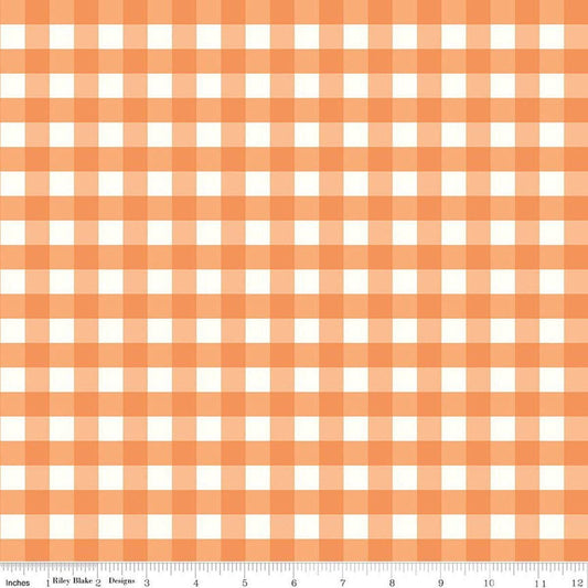 Image of Flannel Love You to the Moon Gingham Orange flannel cotton fabric by Echo Park Paper Co for Riley Blake Designs. Features gingham on an orange background. Cute Little Fabric Shop.
