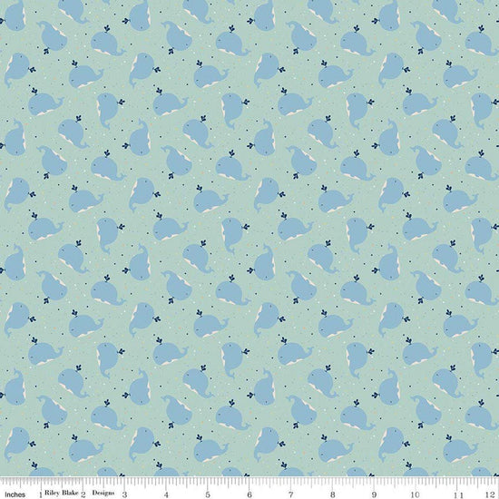 Image of Flannel Love You to the Moon Whales Powder flannel cotton fabric by Echo Park Paper Co for Riley Blake Designs. Features whales on a blue background. Cute Little Fabric Shop.